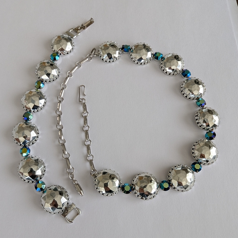 EVC CORO DOMED SILVER TONE BLU/GRN AB PRONGED CRYSTALS CHOKER NECKLACE & 7" BRAC